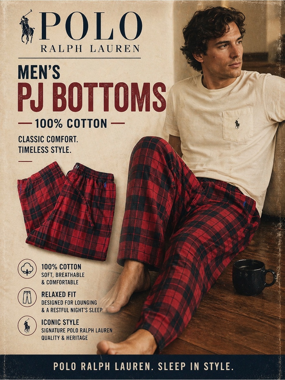 Polo by Ralph Lauren Red and Black‎ Plaid  Pajama Bottoms large 100% COTTON